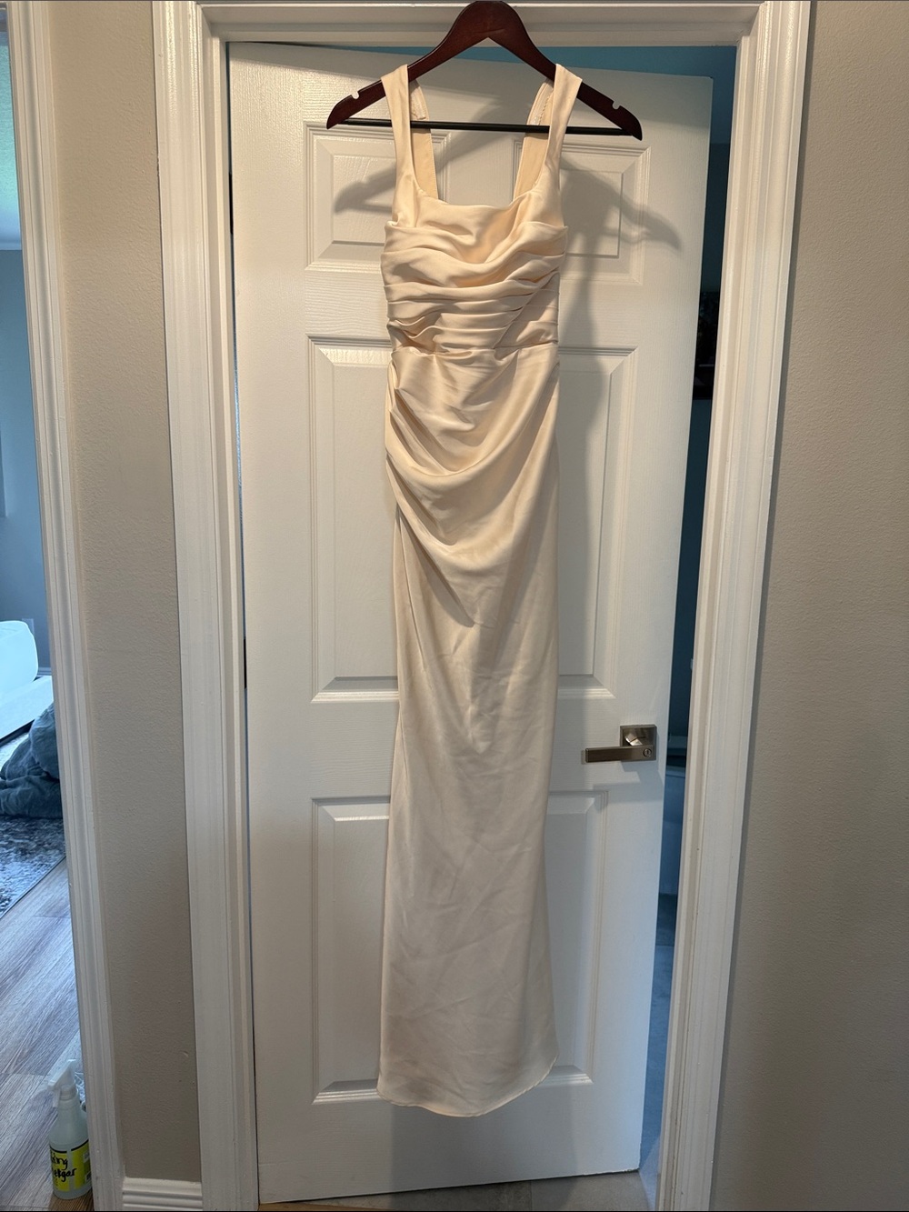 Azazie Cream Satin Ruched Maxi Dress